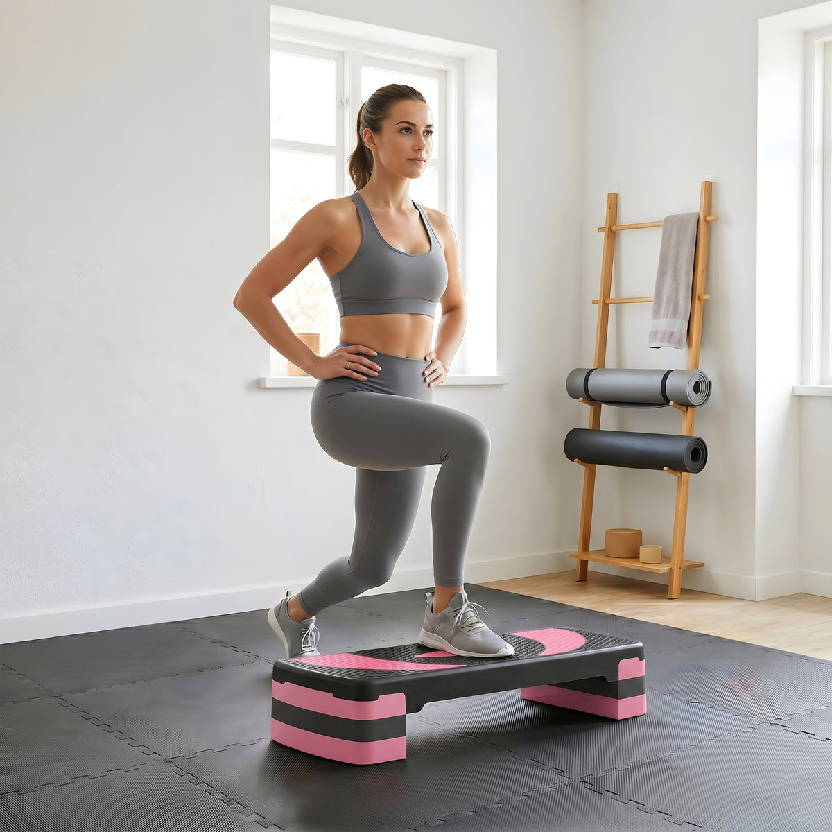 Aerobic-step, in hoogte verstelbaar, 80 x 31 x 10/15/20 cm, tot 150 kg, zwart/roze/grijs (2)