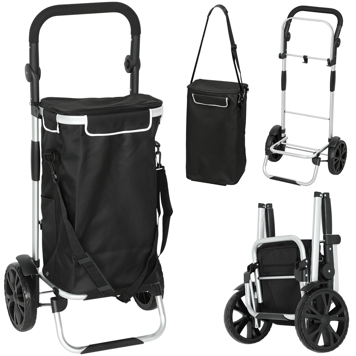 3-in-1 inklapbare boodschappentrolley met 40L inhoud, belastbaar tot 25kg met koelvak zwart
