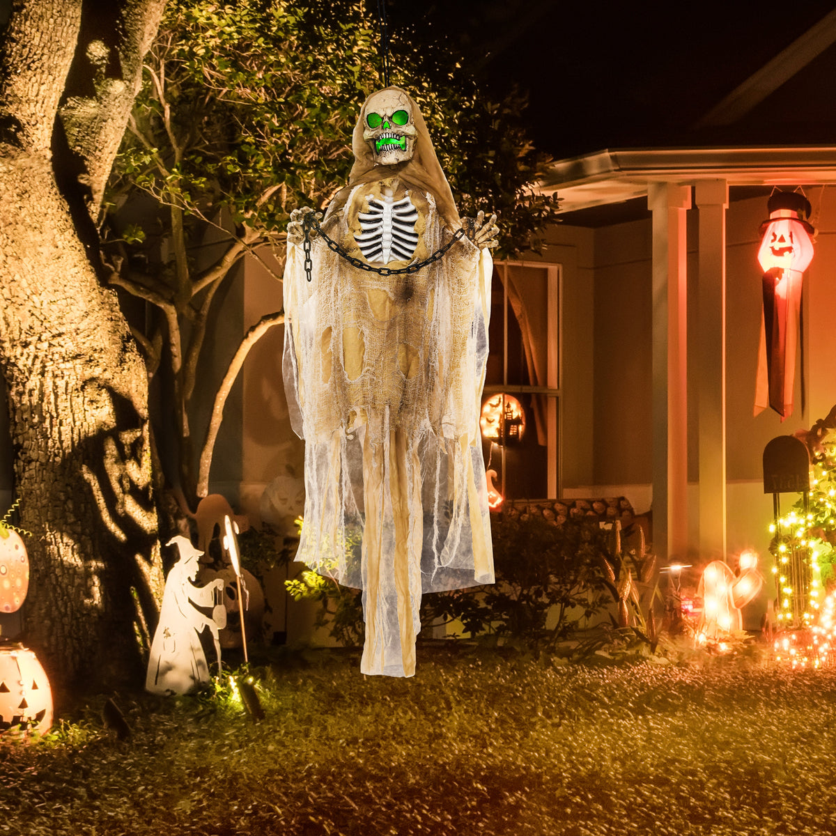 Halloweendecoratie, hangend skelet, oplichtend hoofd, griezelig gehuil, buigzame armen, kaki (2)