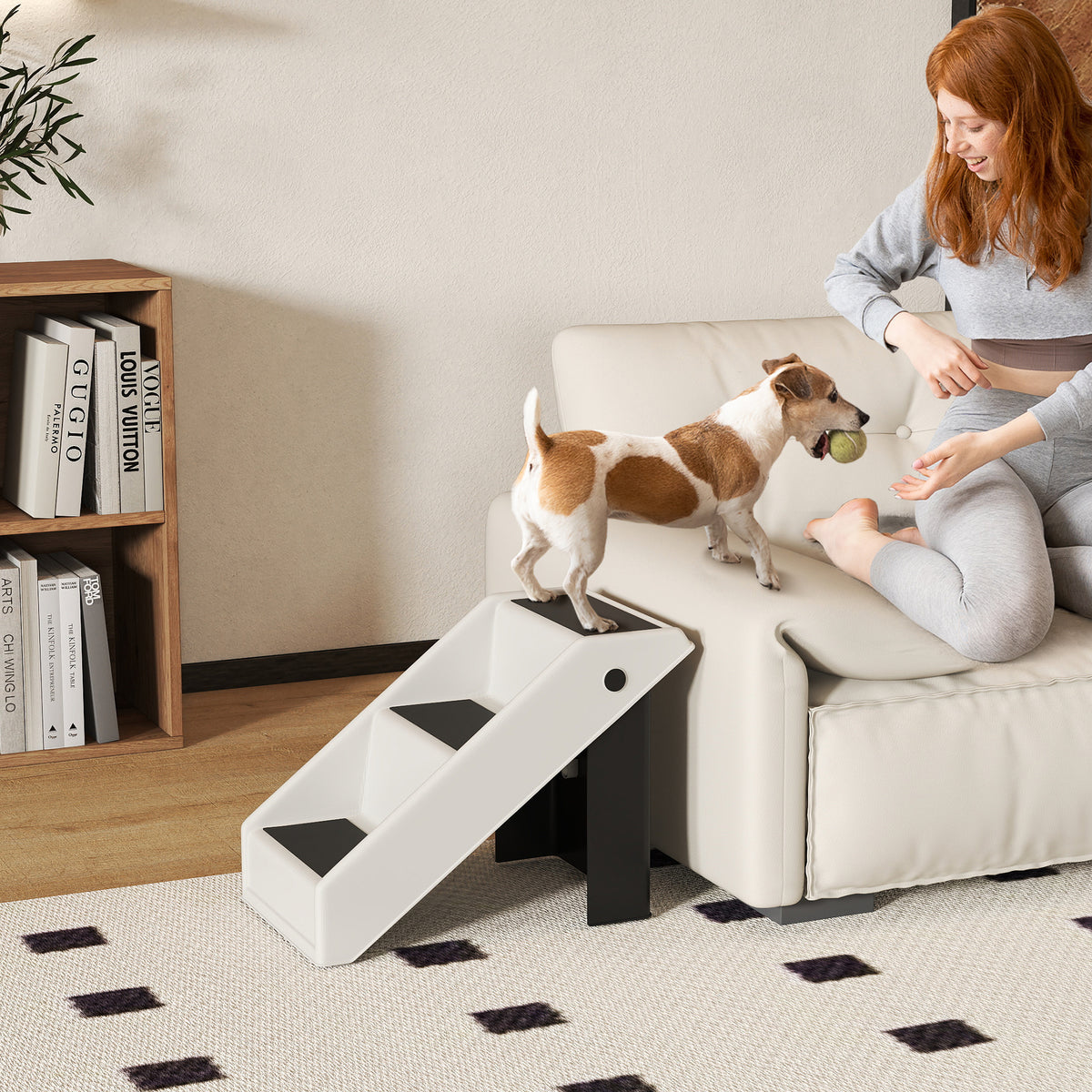 Hondentrap 3 treden 36,5 cm hoog huisdiertrap voor kleine honden inklapbaar voor bed, bank, sofa auto crèmewit (2)