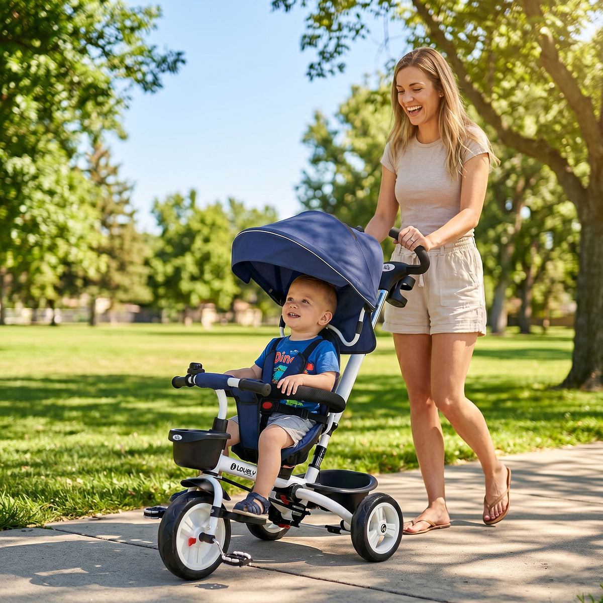 6-in-1 kinderdriewieler met duwstang, dak, gordel, opbergmand, 18+ maanden, donkerblauw (2)