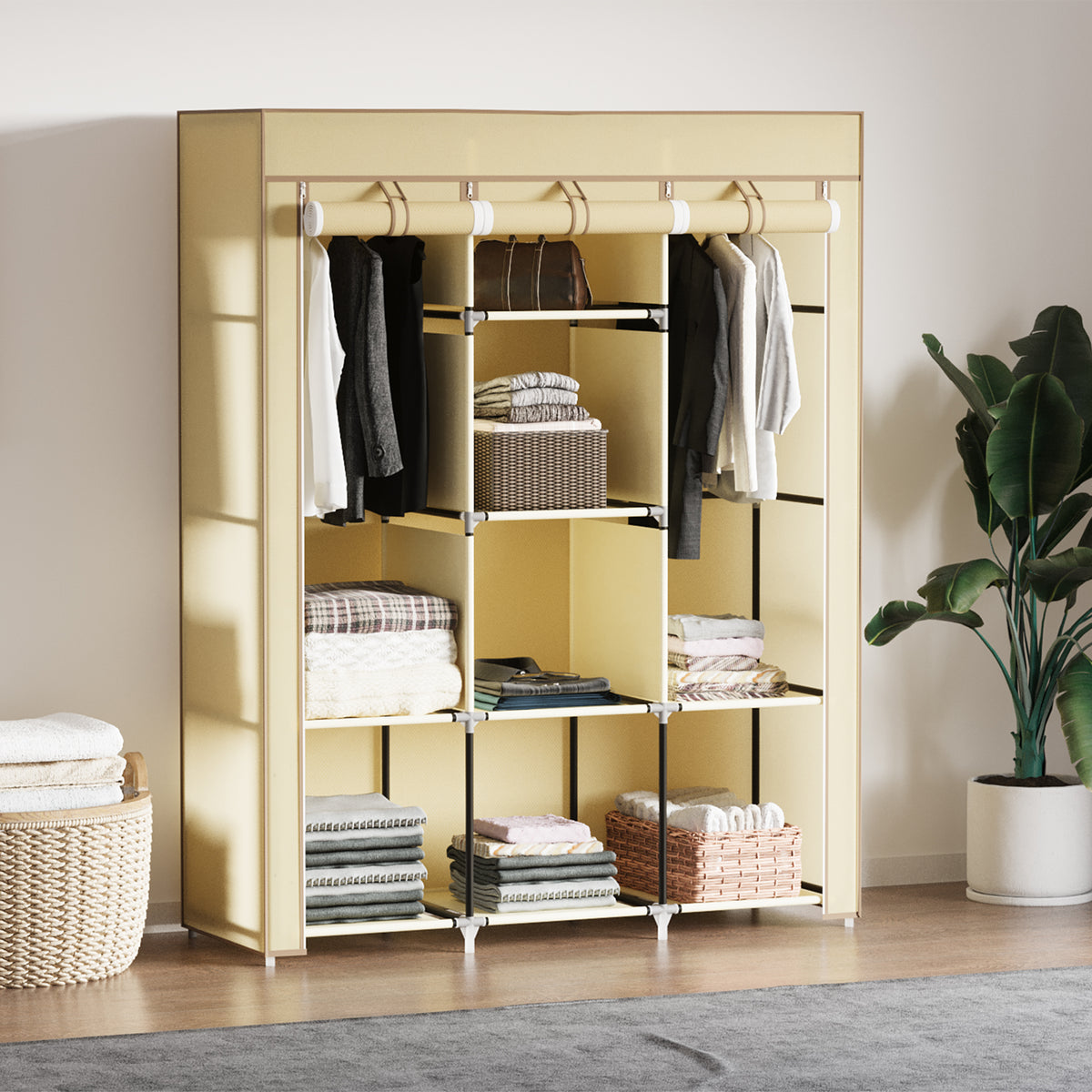Stoffen kledingkast, opbergoplossing, 8 planken, 2 kledingroedes, beige (2)
