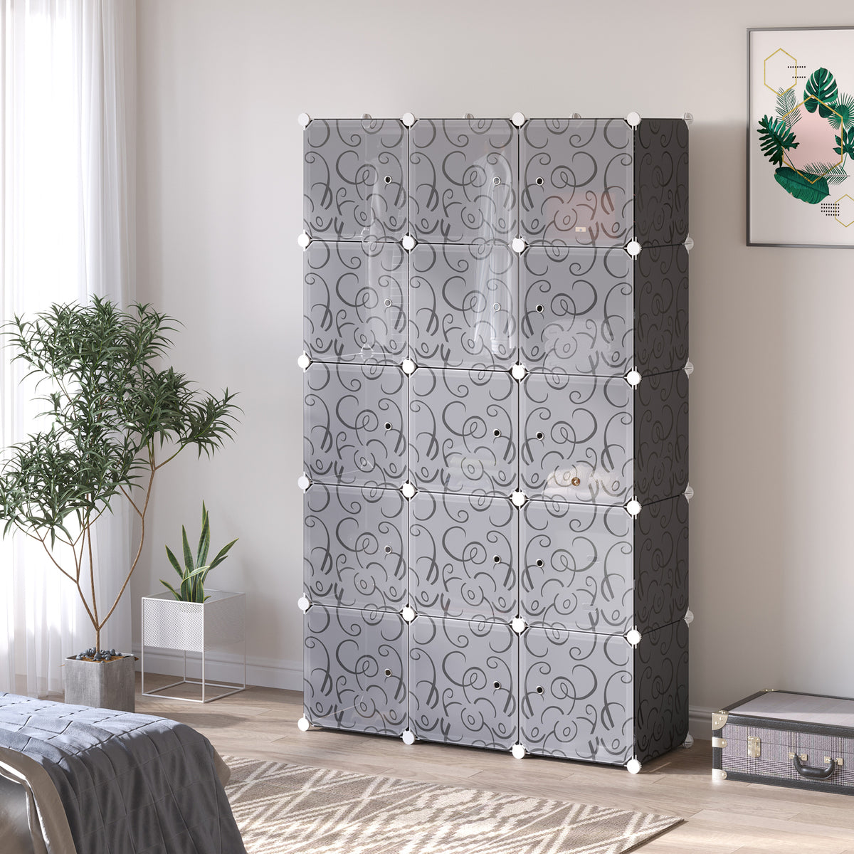 Kledingkast in kubusdesign, 2 grote en 9 kleine kubussen, kunststof, metaal, 111L x 47B x 183H cm, zwart+wit (2)