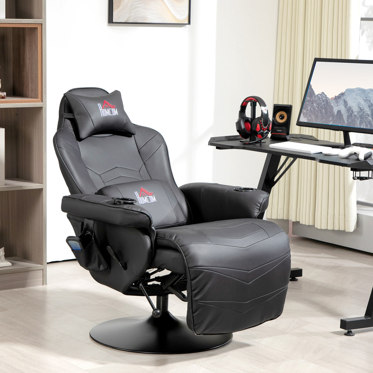Gamingstoel, massagefunctie, kantelbare rugleuning, voetensteun, tot 120 kg, stalen frame, kunstleer, zwart (2)
