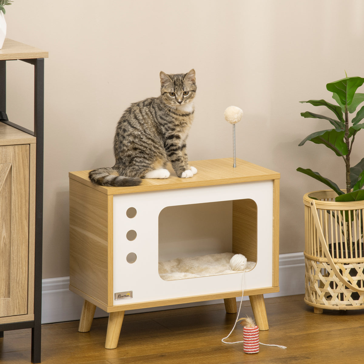 Kattenhol in tv-design incl. speeltje, wasbaar kussen, 50 cm x 28 cm x 43 cm, eiken + beige + wit (2)