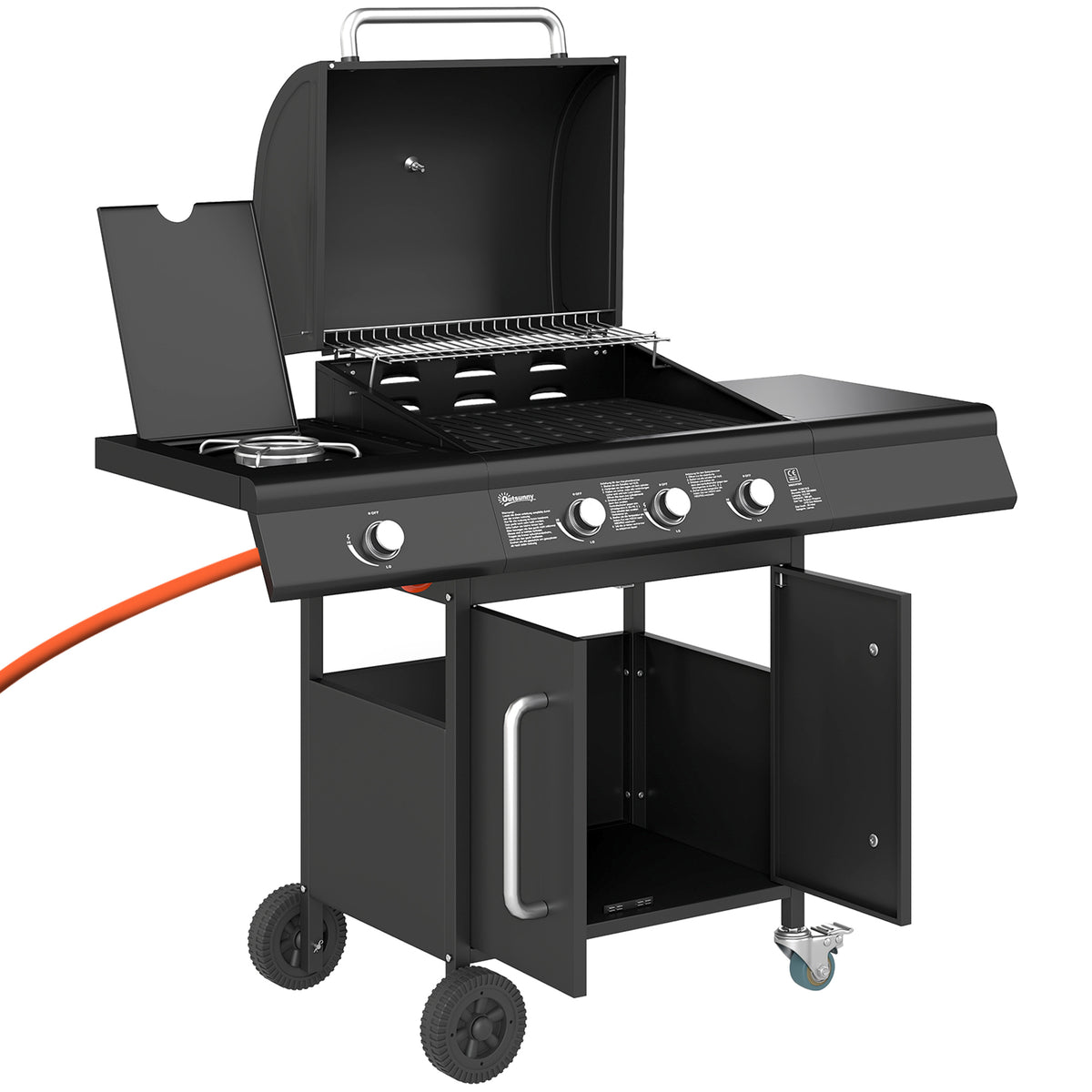 Verrijdbare gasbarbecue met opbergruimte, zijtafel, zijbrander, warmhoudrooster, thermometer, roestvrij staal