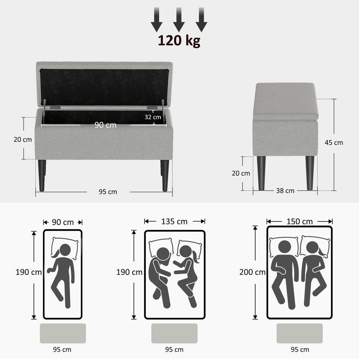 Opbergbank, zitbank met opbergruimte, tot 120 kg, fluweeloptiek, 95x38x45 cm, grijs (3)
