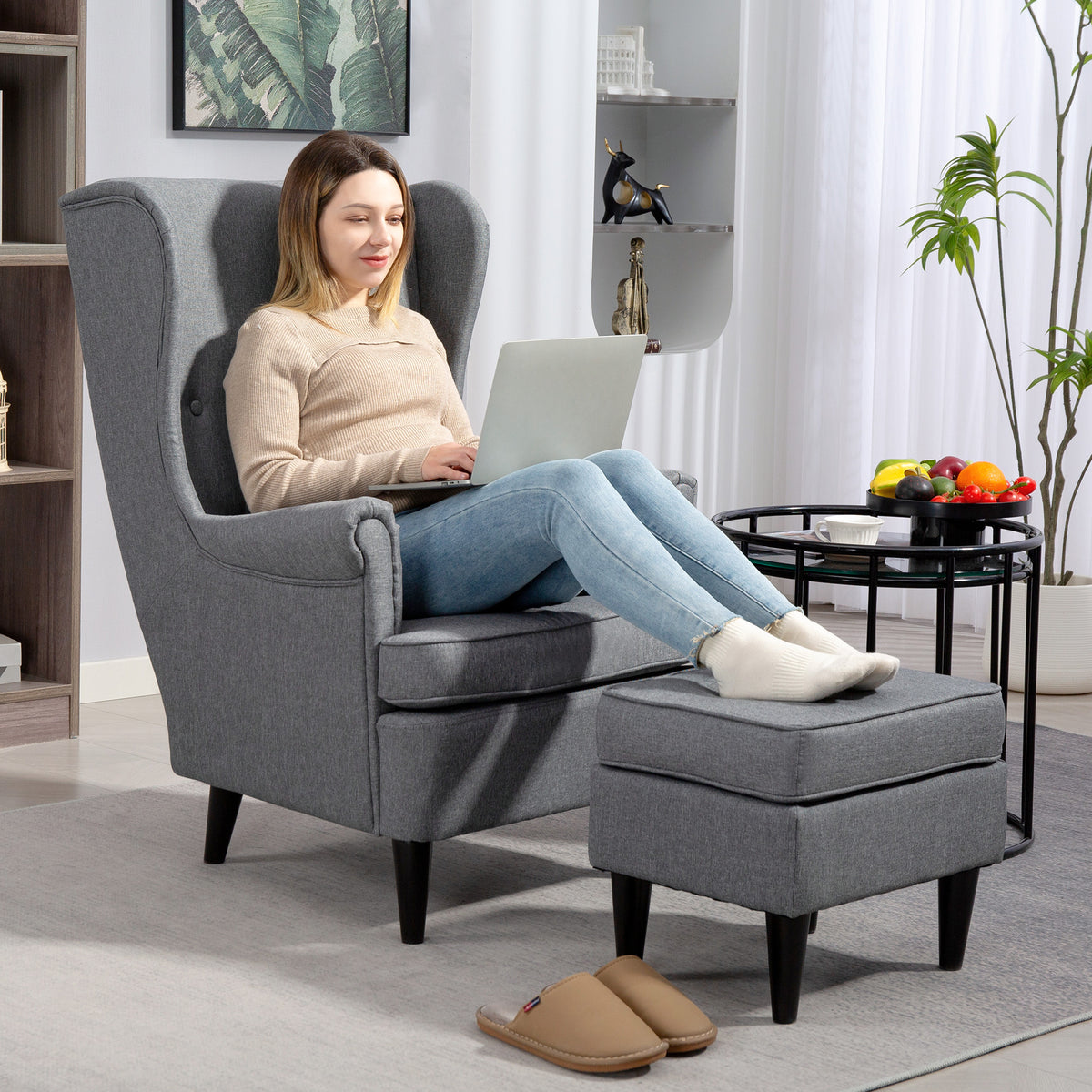 Fauteuil met voetenbank, gestoffeerde stoel met poten van rubberhout, stoffen bekleding, grijs (2)