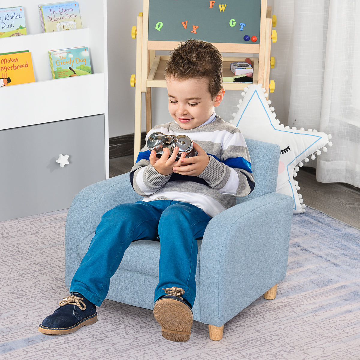 Kinderstoeltje kinderbank met linnen-look, massief houten poten, fauteuil van schuimstof, kinderstoel voor (2)