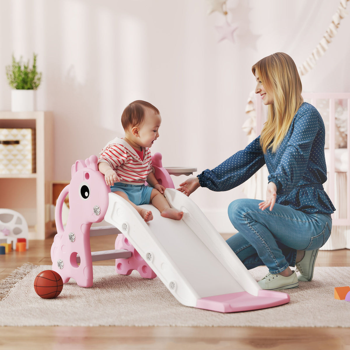 3-in-1 glijbaan voor kinderen, girafvorm, basketbalring, bal, roze (2)