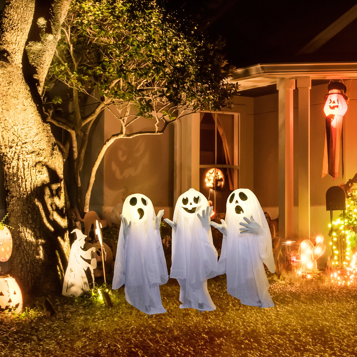 Halloweendecoratie, 3 oplichtende geesten, bewegingssensor, 54 x 10 x 60 cm, wit (2)