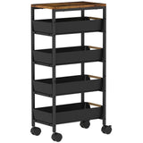 5-traps keukenwagen, houtlook, verrijdbaar, metalen frame, 4 lades, zwart