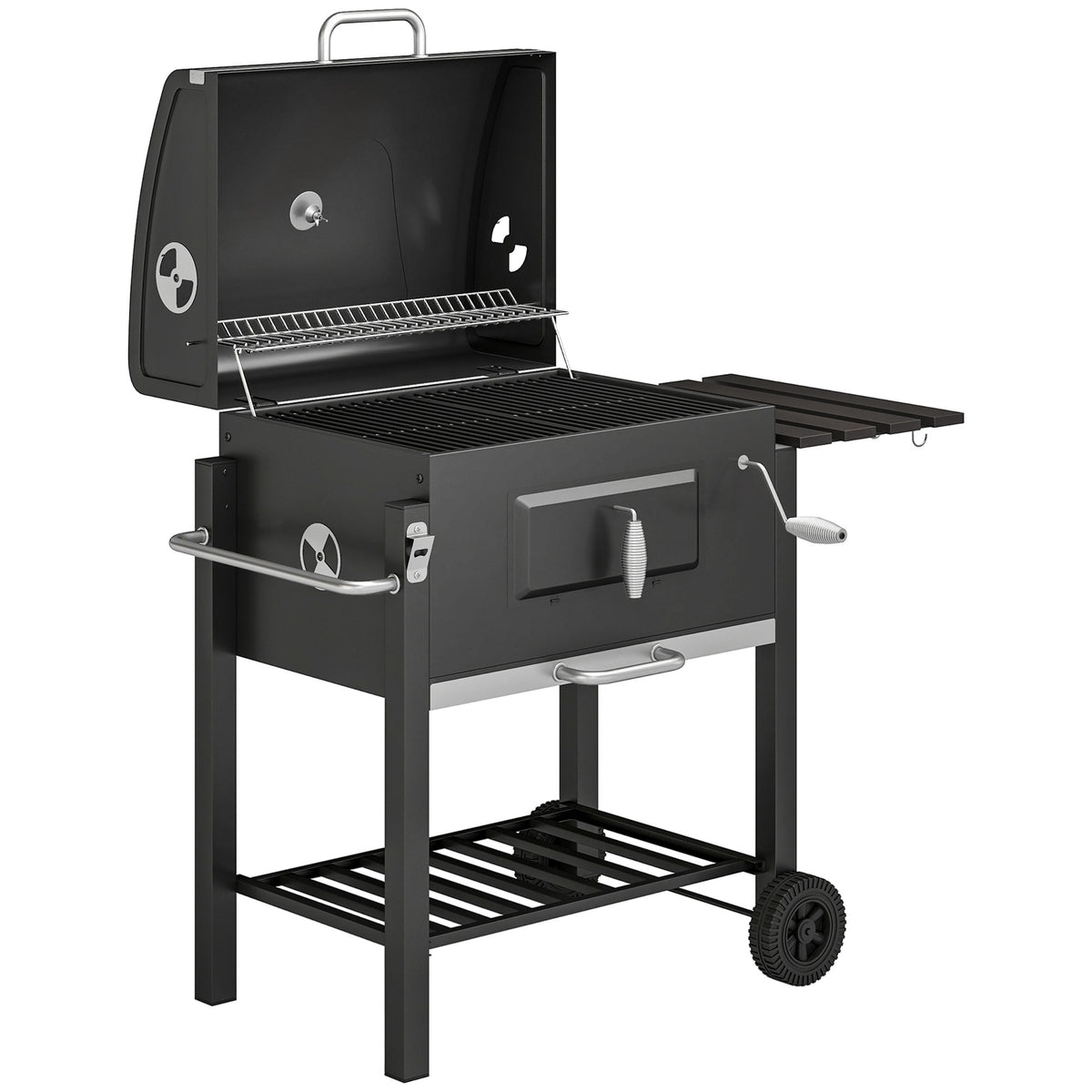 Houtskoolbarbecue smoker BBQ-smoker, 1 plank, 1 handdoekhouder, 2 grillroosters, 113 cm x 65 cm x 108 cm, zwart