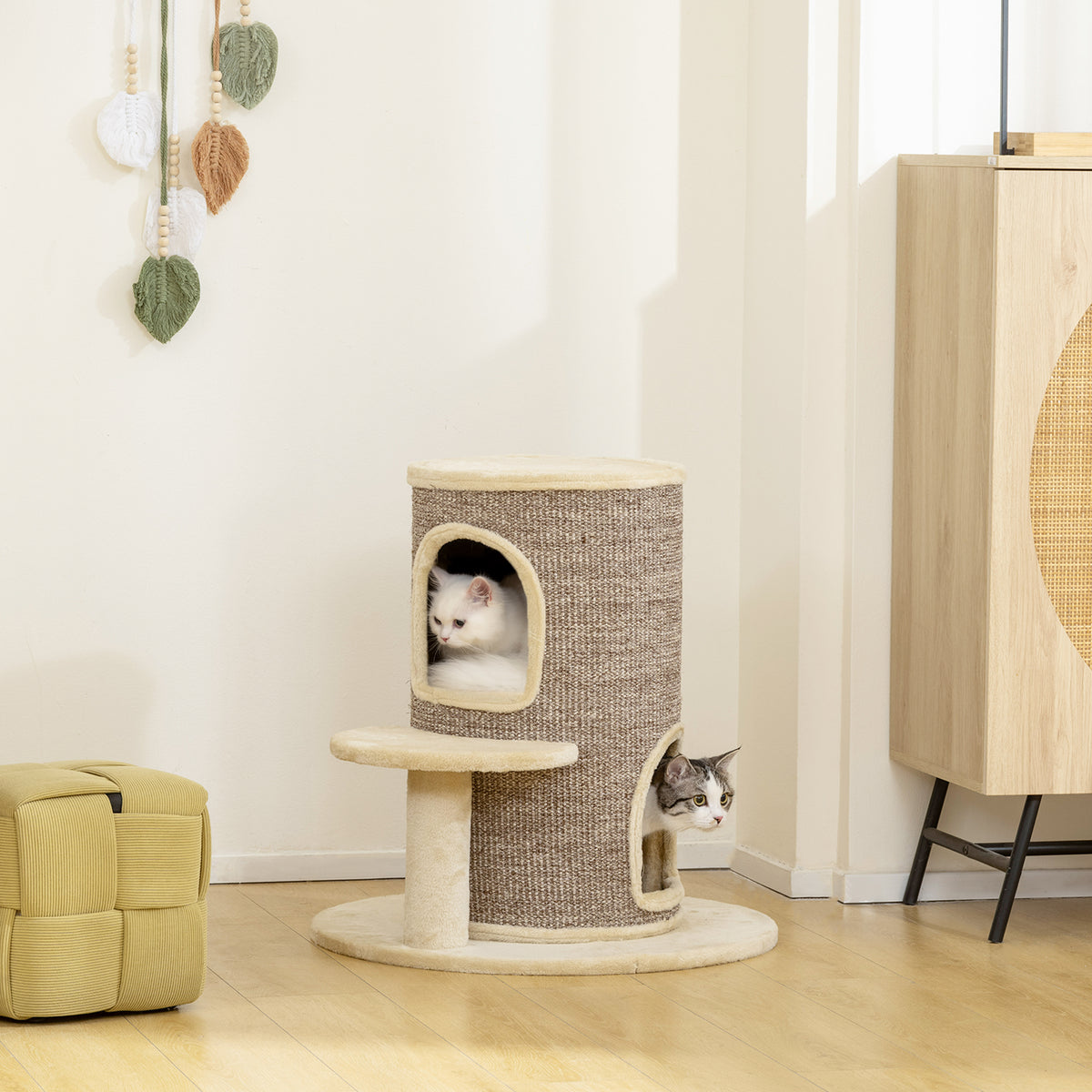 Kattenton, krabpaal met 2 niveaus, springplatform, uitkijkpunt, krabmat, om te rusten en te spelen, beige (2)