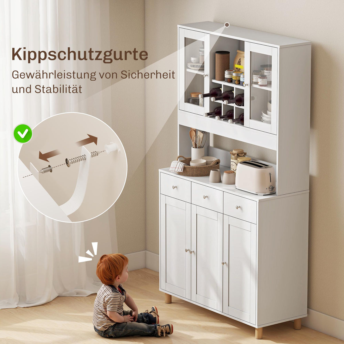 180 cm keukenkast, 2 glazen deuren, 3 lades, 4 verstelbare planken, eetkamerkast, spaanplaat, wit (6)