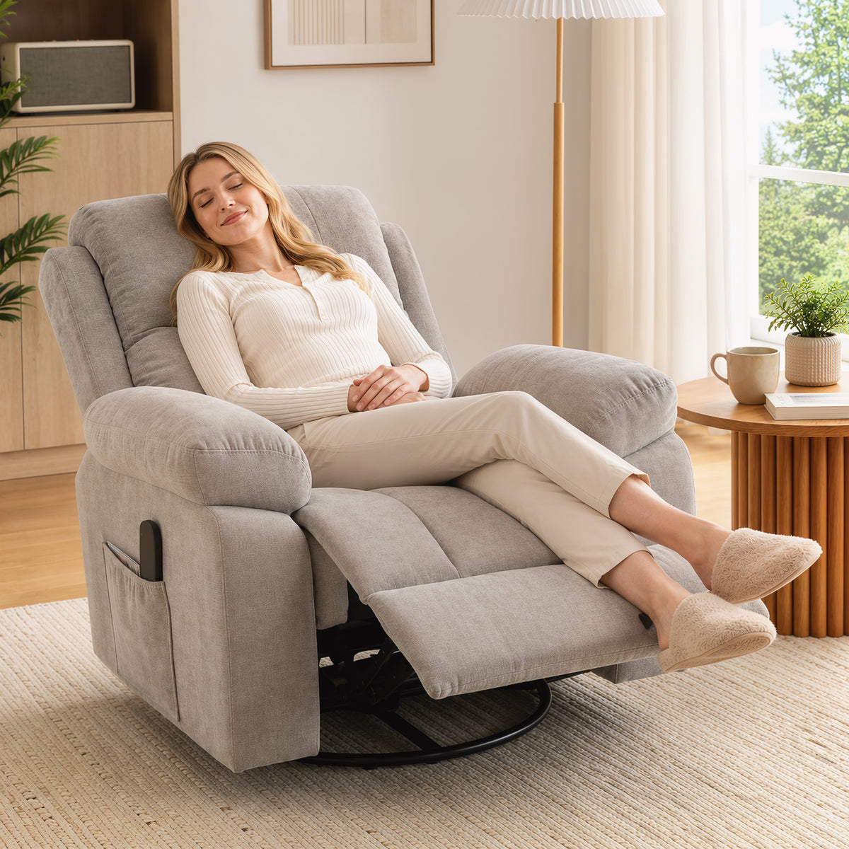 Relaxfauteuil TV-fauteuil 360° draaibare massagestoel met warmte, massage, chenille-look, beige (2)
