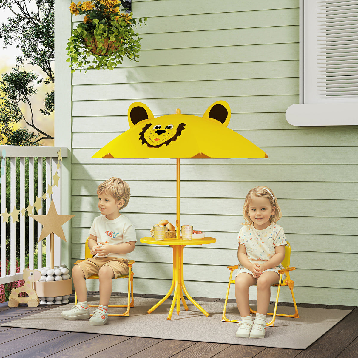 Tuinmeubelset voor kinderen, stoelen, tafel, parasol, leeuwendesign, geel (2)