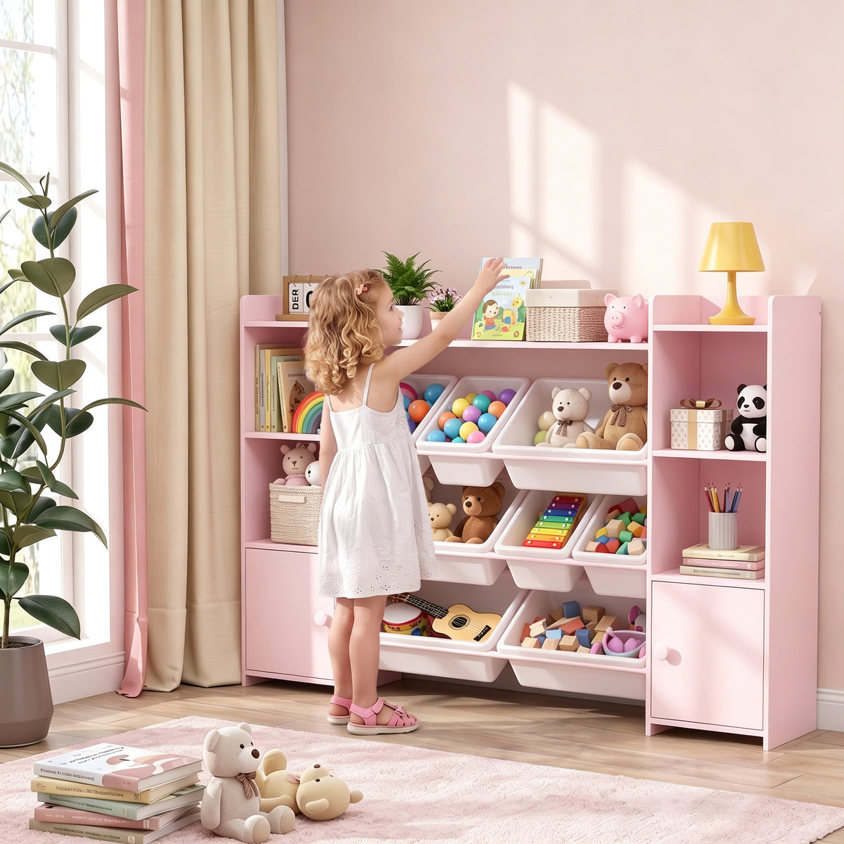 Opbergrek voor kinderen, rek voor speelgoed en boeken, voor overzichtelijk opruimen, 8 uitneembare bakken, roze (2)