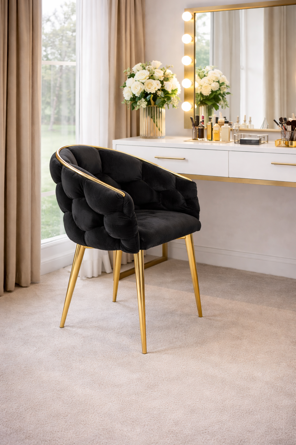 Balloon Samtstuhl, Schwarz – goldene Glamour-Beine, Schalensitz, für Esszimmer/Wohnzimmer, 70 × 60 × 81 – Produktabbildung 2