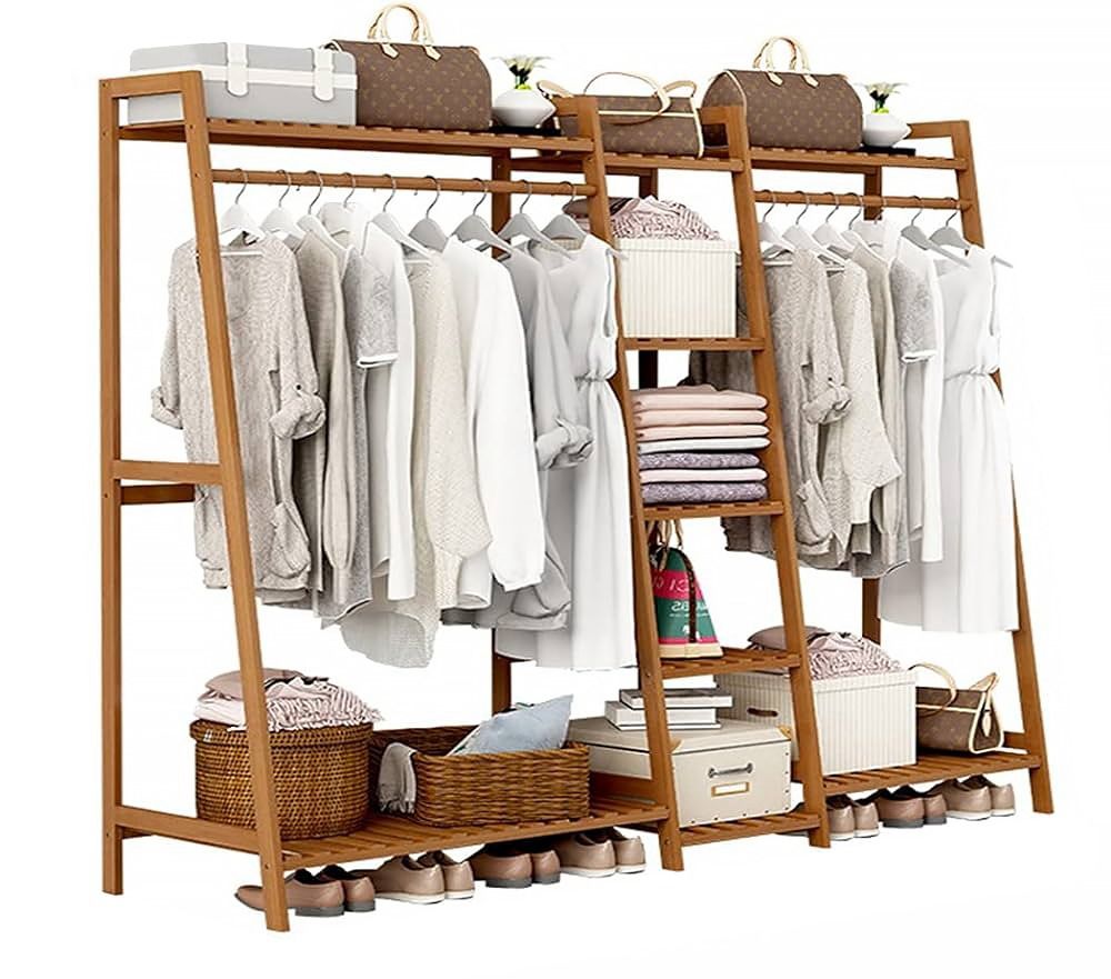 Doppelter Bambus-Kleiderständer mit 5 Ablagen - Länge 160 cm