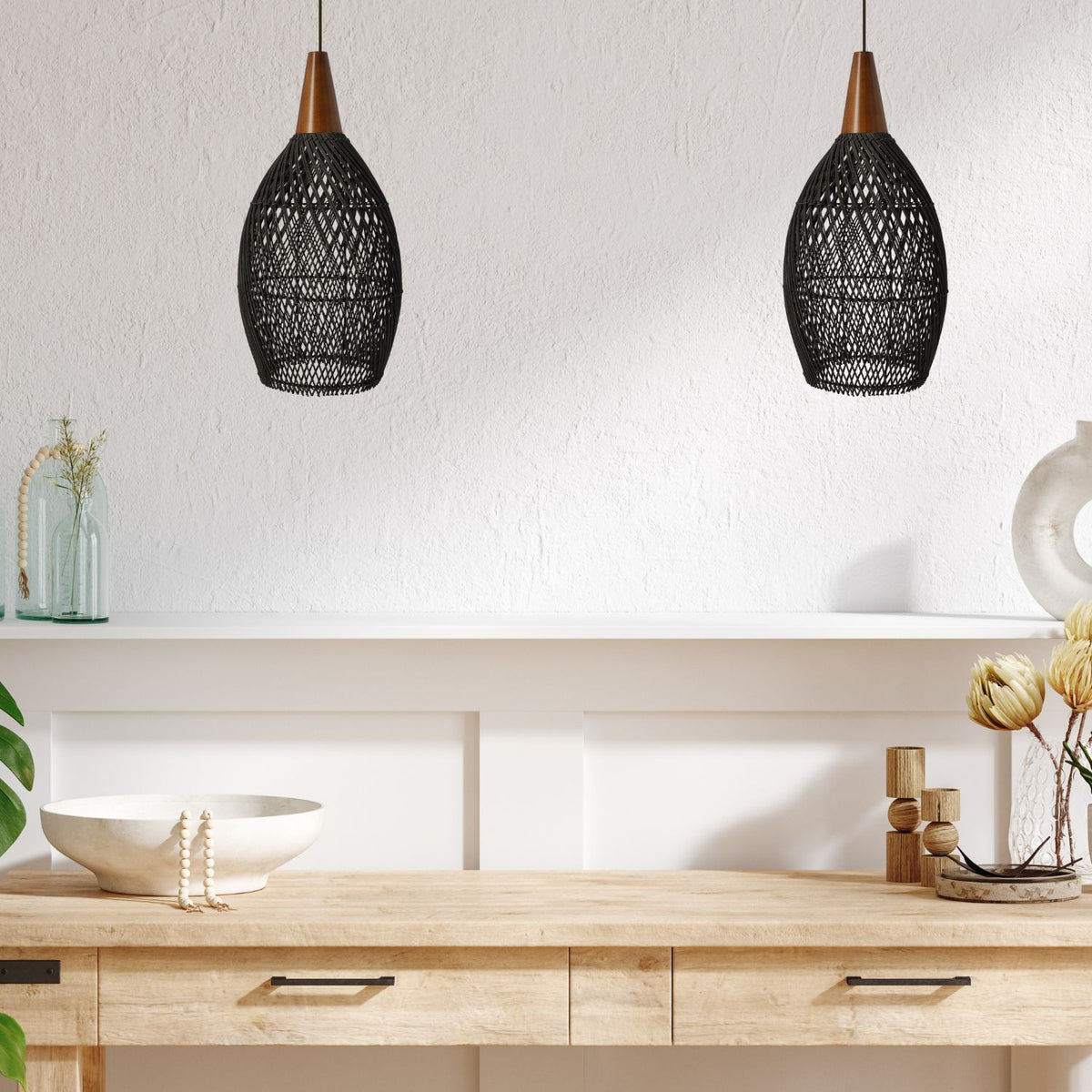 Rustikale Rattan-Pendelleuchte – 25cm (schwarze Farbe) – Produktabbildung 2
