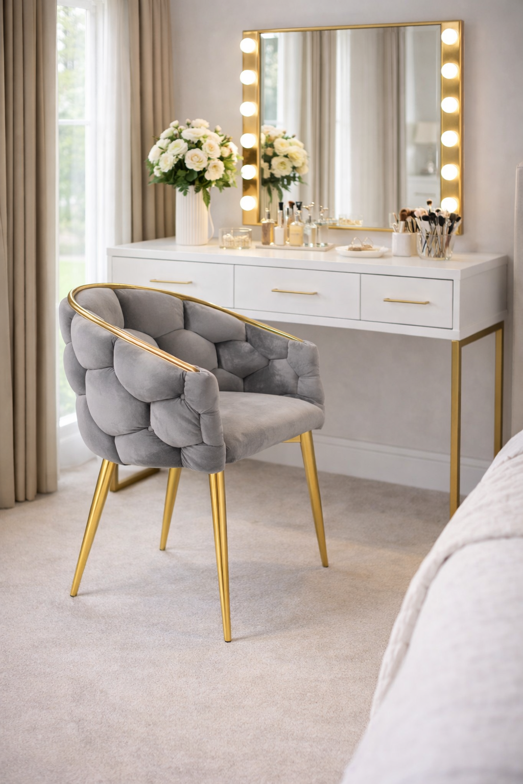 FERTONE BALLOON Samtstuhl, Grau – glamouröse goldene Beine, Schalensitz, für Esszimmer/Wohnzimmer, 70 × – Produktabbildung 2