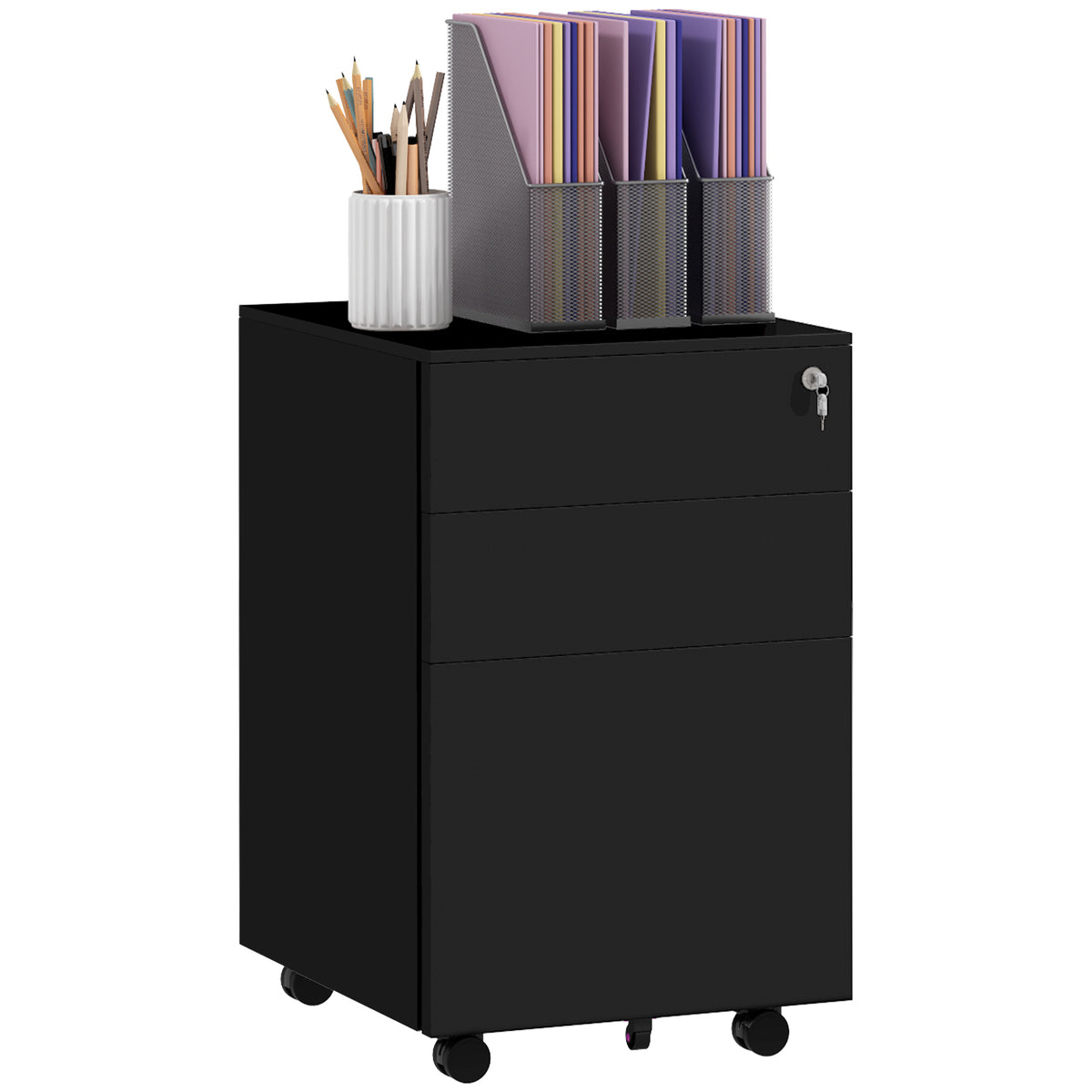 Rolcontainer archiefkast, 3 laden, afsluitbaar, verrijdbaar, 37 cm x 43,5 cm x 60 cm, zwart
