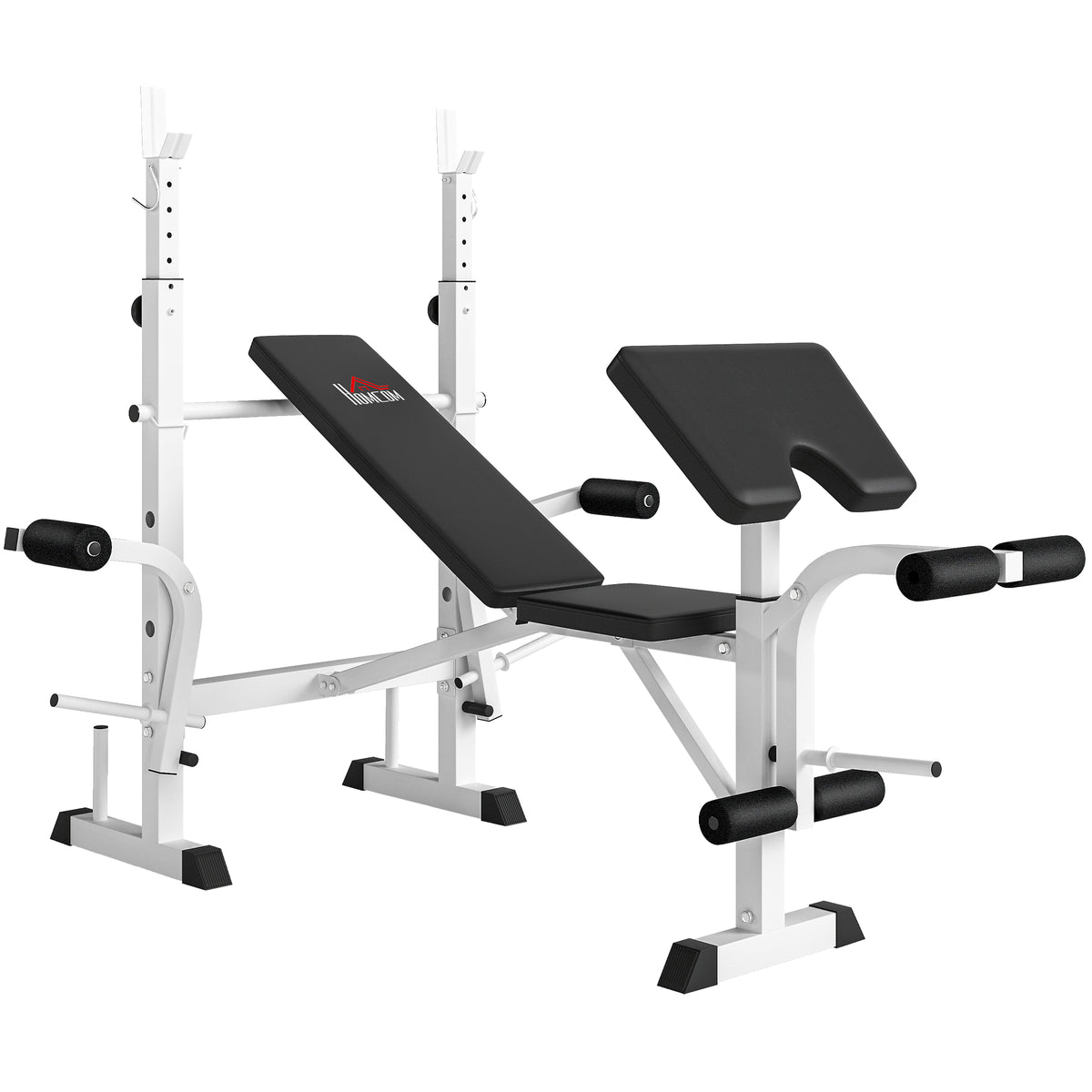 Halterbank met haltersteun, borstpers, beenpers, armsteun voor bicepcurls, staal, zwart+wit