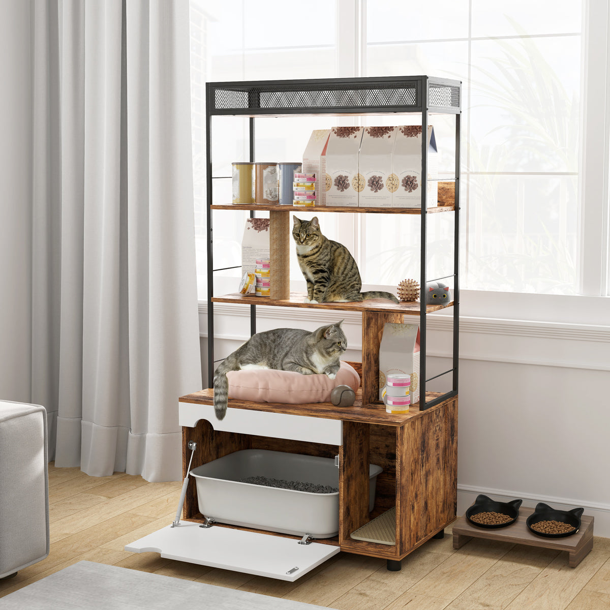 Kattentoilet met 3-laags rek en krabpaal, gesloten kattenbak, 80 x 48 x 152 cm, bruin (2)