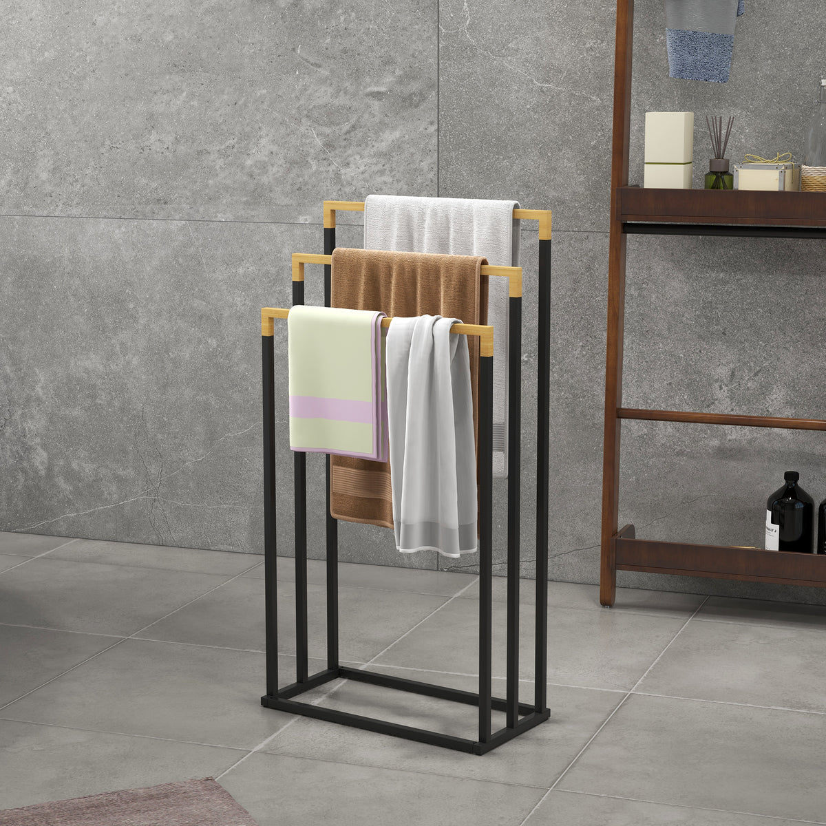 Handdoekhouder, set van 3 handdoekstangen, industrieel design, bamboe, 45 x 22,5 x 86 cm, zwart + naturel (2)