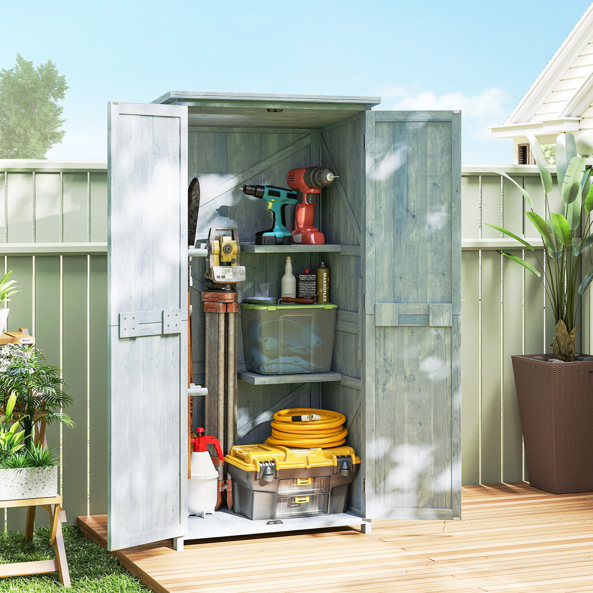 Tuinkast hout weerbestendig gereedschapsschuur met dubbele deur magneetsluiting voor tuin terras 85 x 54 x 170 (2)