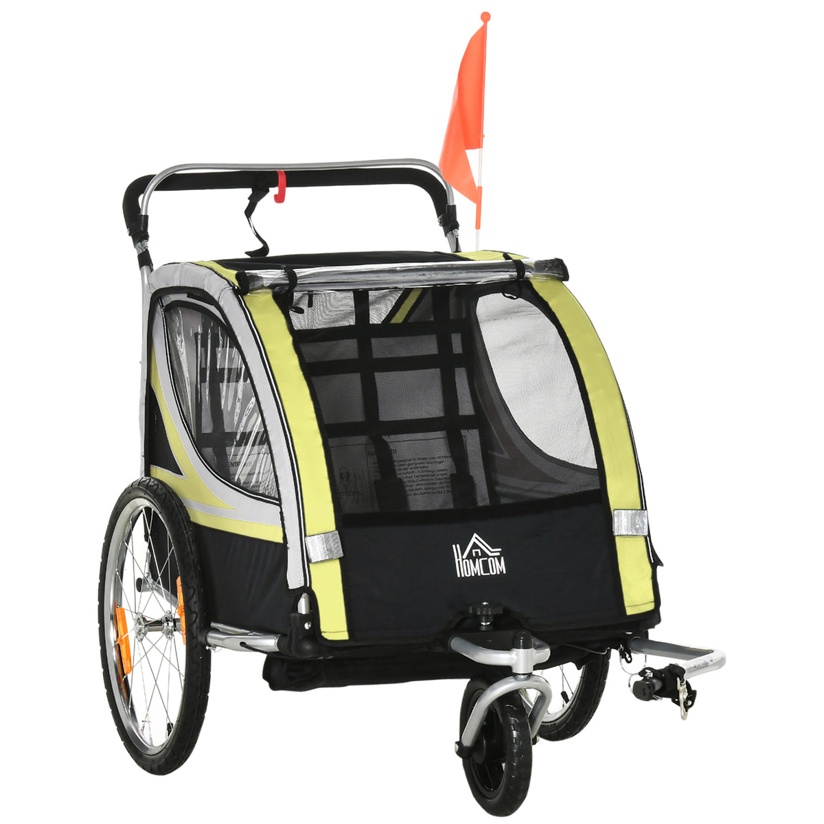 2-in-1 fietsaanhanger voor 2 kinderen, duwfunctie, regenhoes, rem, geel
