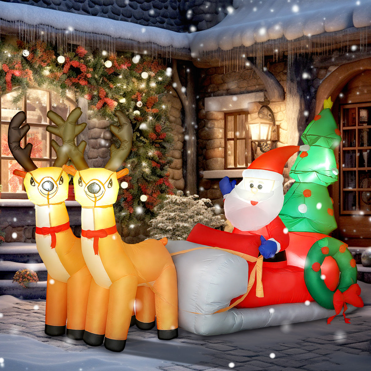 Opblaasbare kerstdecoratie, kerstman in arrenslee, polyester stof, ledverlichting, kleurrijk (2)