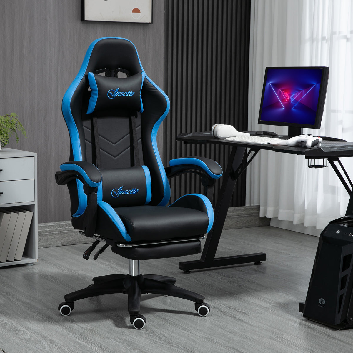 Bureaustoel, gamingstoel, 1 hoofdsteun, 1 lendensteun, blauw + zwart (2)
