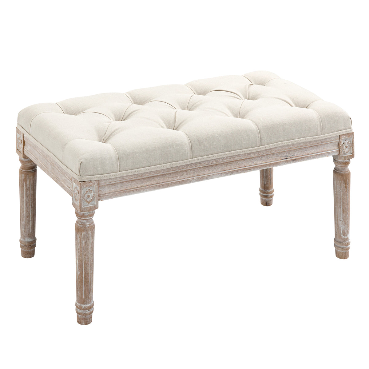 Gestoffeerde voetenbank, gestoffeerde bank, poef, hout en stoffen bekleding in linnenlook, 80L x 40B x 43H cm