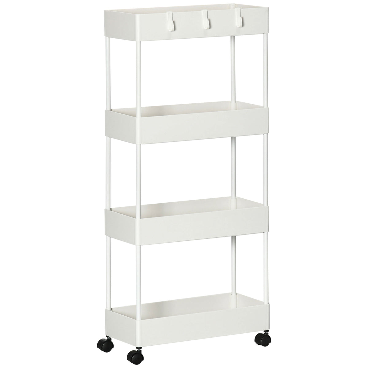 Keukentrolley met 4 planken, 4 flexibele haken, 4 wielen, 40 cm x 19 cm x 90 cm, niswagen, wit