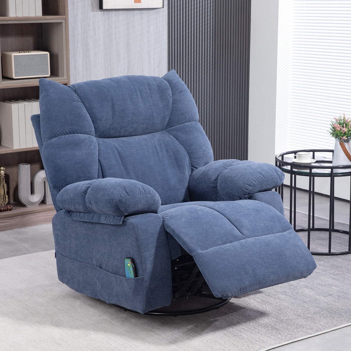 Massagestoel met warmte- & ligfunctie, draaibaar, tot 150 kg, metalen frame, 98x90x98cm, blauw (2)
