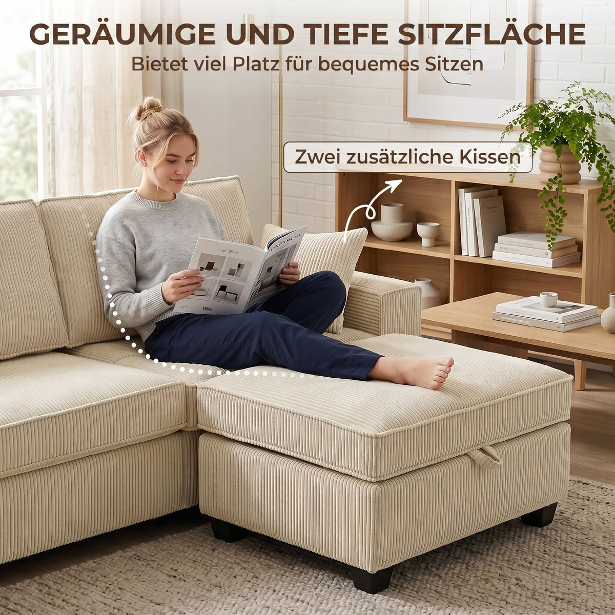 Hoekbank 216 cm 3-zits L-vorm bank met omkeerbare opbergpoef, ribfluweel-look, brede zitting, voor woonkamer (6)