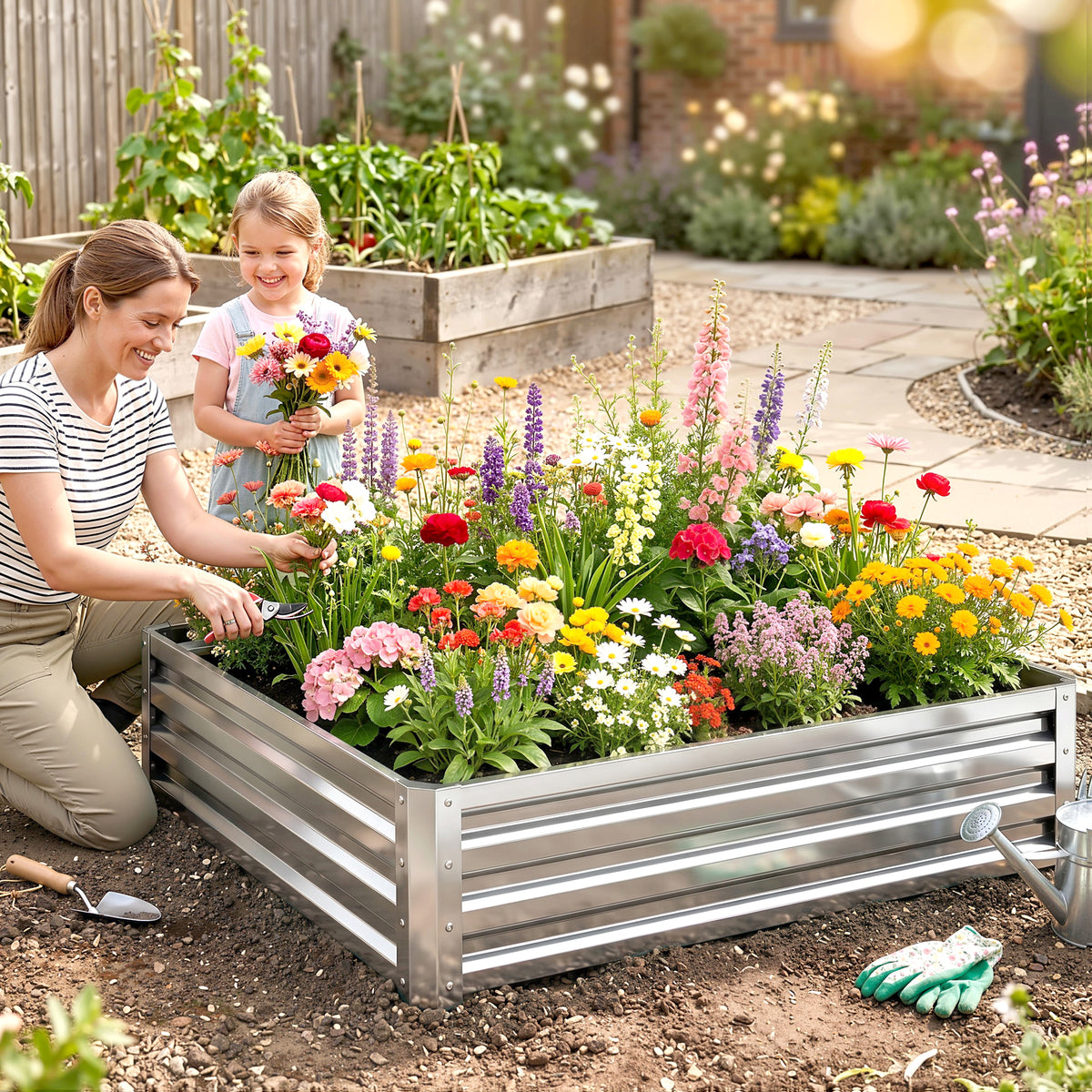 Tuinbed, plantenbak met stalen ombouw, zilver, 120 x 120 x 30 cm (2)
