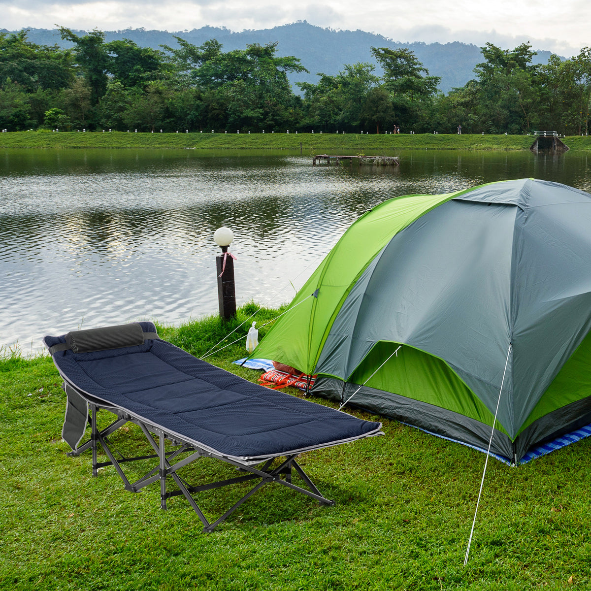 Campingbed, opvouwbaar veldbed met hoofdkussen, 188 x 64,5 x 53 cm, donkerblauw+grijs (2)