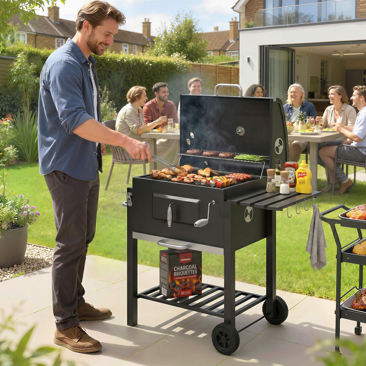 Houtskoolbarbecue smoker BBQ-smoker, 1 plank, 1 handdoekhouder, 2 grillroosters, 113 cm x 65 cm x 108 cm, zwart (2)