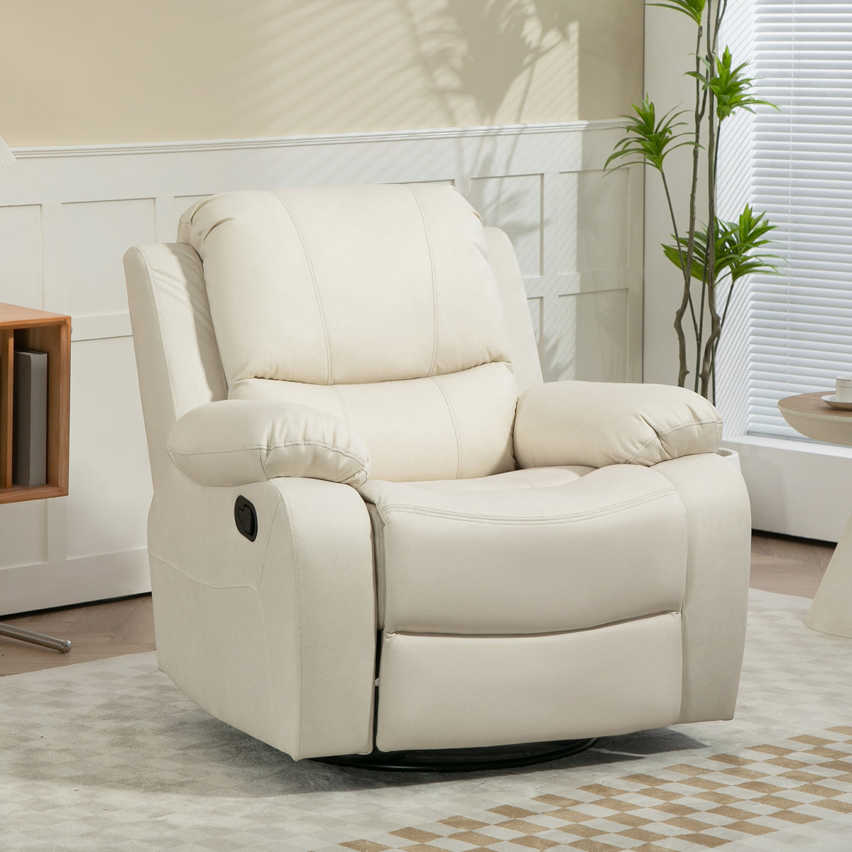 Relaxfauteuil, verstelbare rugleuning & voetensteun, draaibaar, tot 150 kg, stalen frame, 93x100x98cm, crèmewit (2)