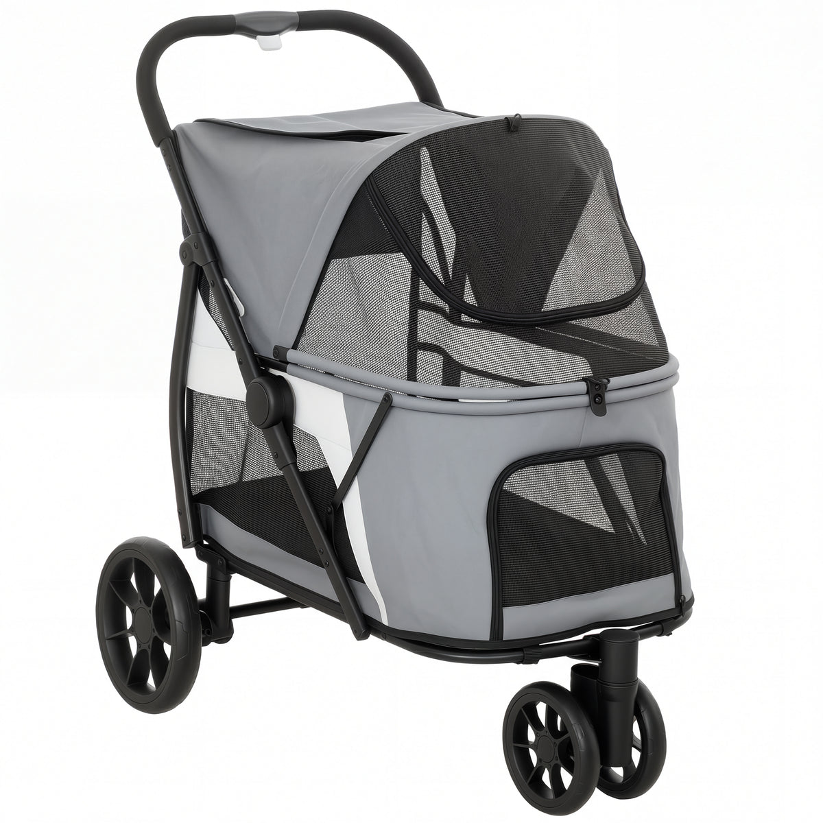 Opvouwbare hondenbuggy met wasbaar kussen, gaasramen, 3 wielen, voor middelgrote honden tot 20 kg, grijs