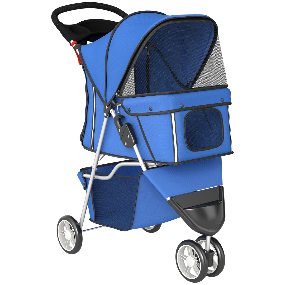 Hondenbuggy opvouwbaar tot 10 kg met opbergmand, kussen, gaasvensters, voor kleine honden, 77x44x102 cm blauw