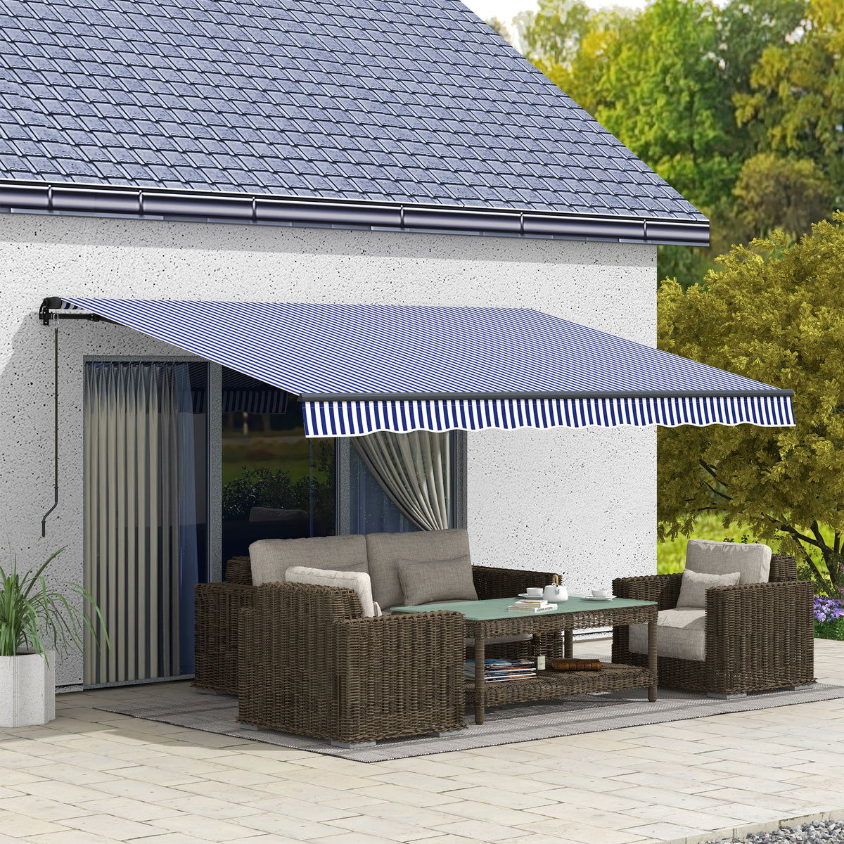 Zonneluifel, knikarmscherm, terrasluifel, incl. handkruk, weerbestendig, 396 cm x 300 cm, blauw + wit (2)