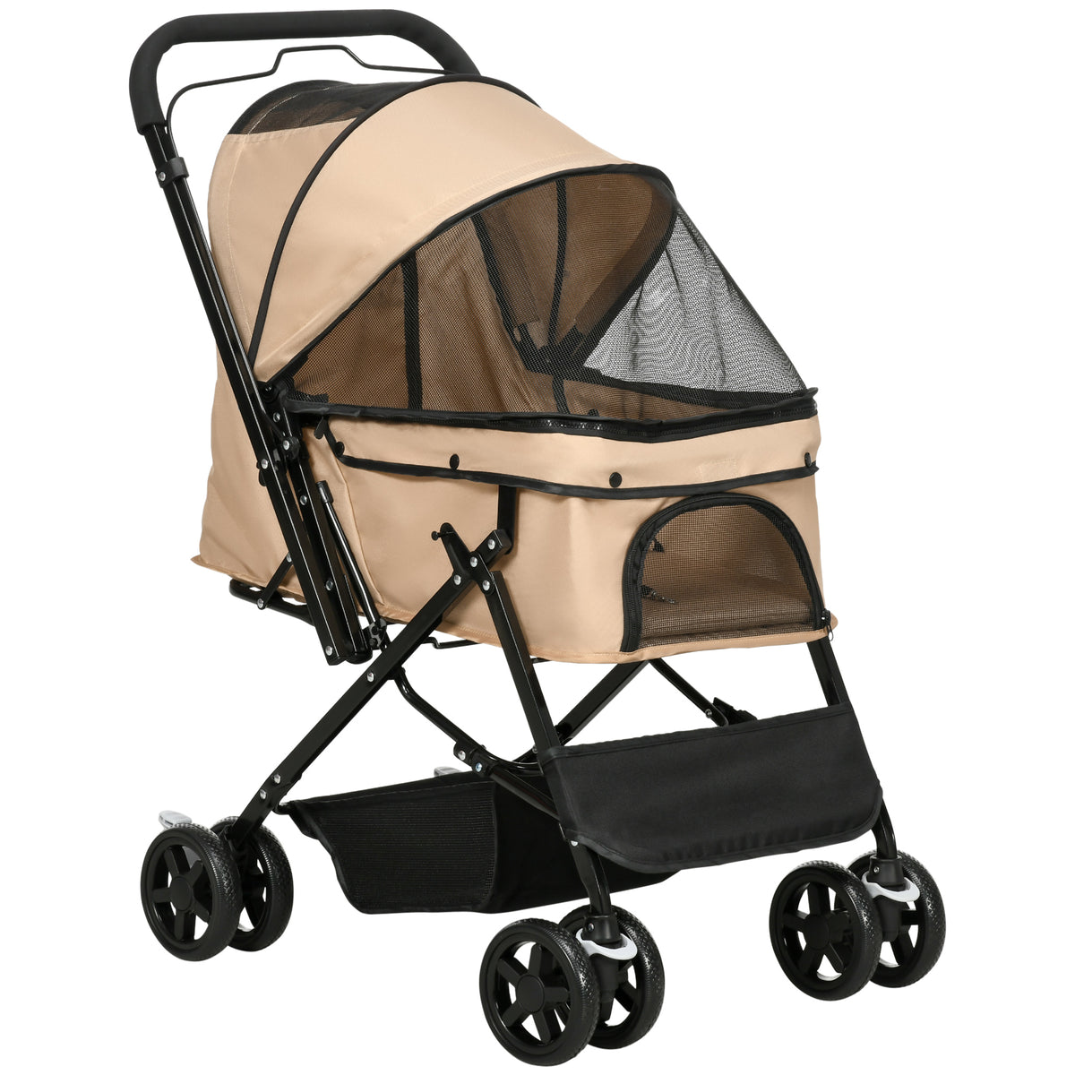 Hondenbuggy inklapbaar, 1 mand, 2 remmen, incl. veiligheidslijn, lichtbruin