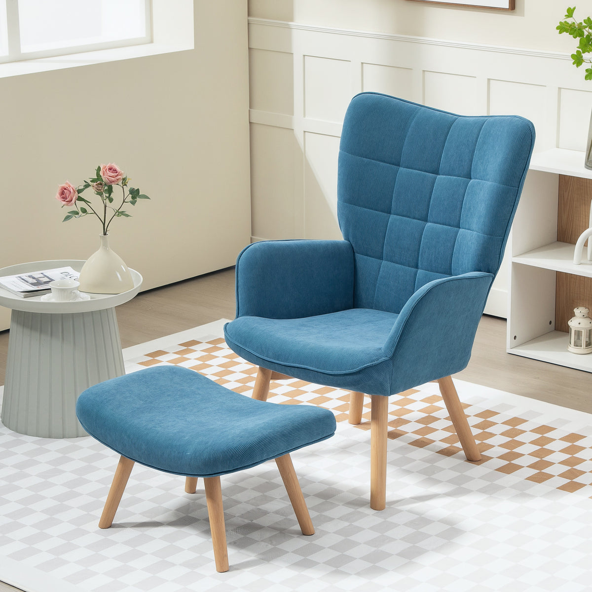 Accentfauteuil met hocker, relaxfauteuil in ribstof-look, armleuningstoel met houten poten, voor woonkamer (2)