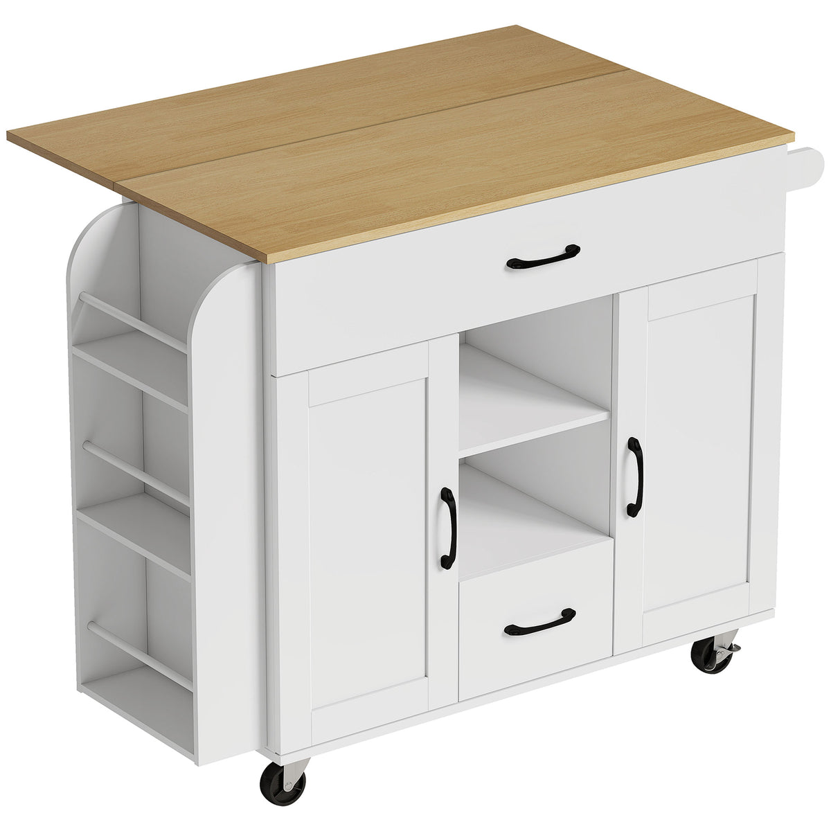 Verrijdbaar kookeiland, uitklapbaar werkblad, soft-close kastdeuren, lades, handdoekhouder, MDF, wit