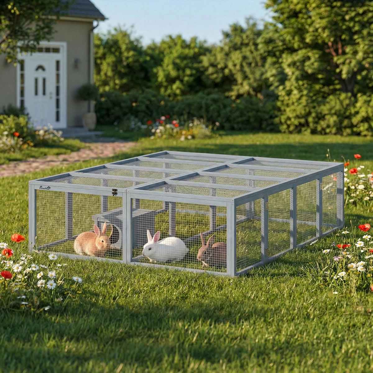 Konijnenren houten konijnenhok met 2 deuren schuilhuis voor 2-4 dwergkonijnen 180,4 x 150 x 48 cm grijs (2)