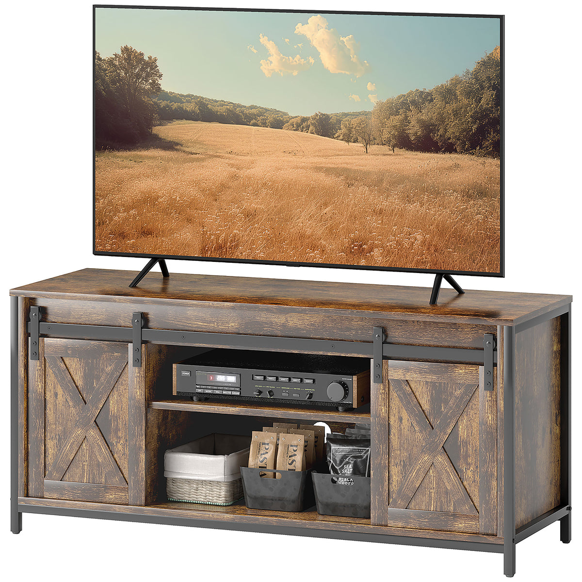 TV-meubel, industrieel design, voor 60'' tv's, 6 vakken, 2 schuifdeuren, bruin/zwart